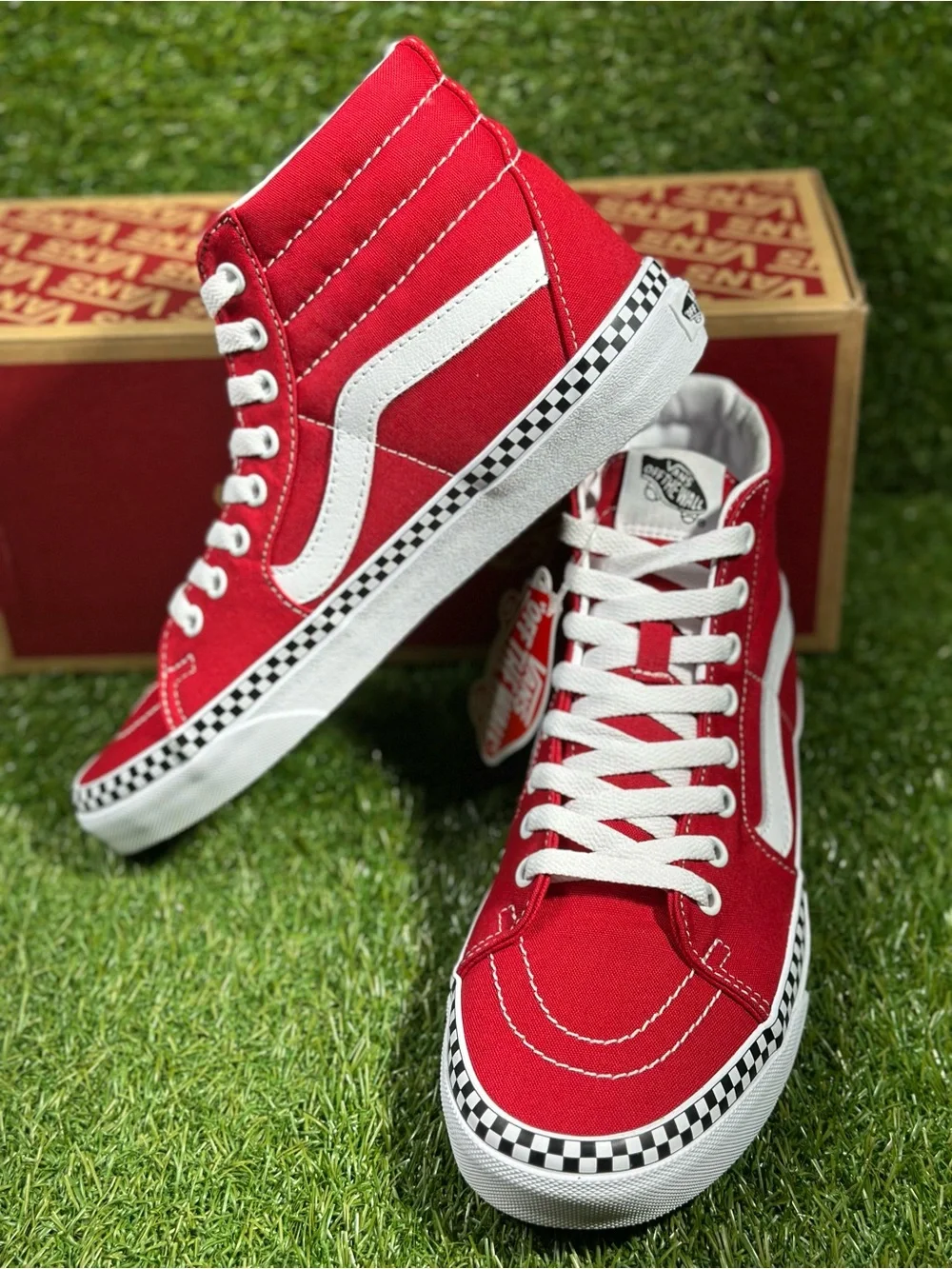 Vans SK8-HI  Check Foxing, Red/White with Checkerboard Trim, Men’s 8,VN0A38GEVS5